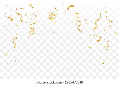 Golden Tiny Confetti And Streamer Ribbon Falling On Transparent Background. Vector