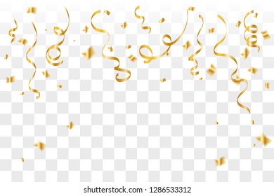 Golden Tiny Confetti And Streamer Ribbon Falling On Transparent Background.  Concept Design. Celebration. Chinese New Year. Vector