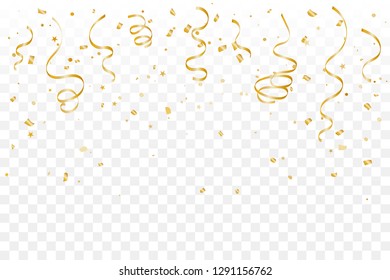 Golden Tiny Confetti And Streamer Ribbon Falling On Transparent Background. Congratulations. Concept Design. Vector