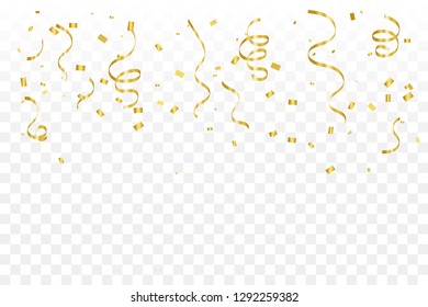 Golden Tiny Confetti And Streamer Ribbon Falling On Transparent Background. Vector