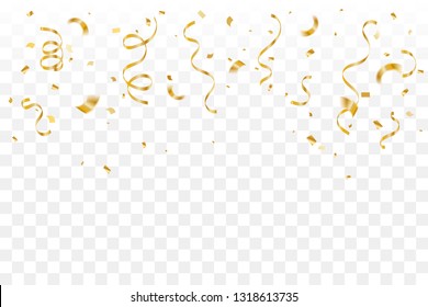 Golden Tiny Confetti And Streamer Ribbon Falling On Transparent Background. Vector