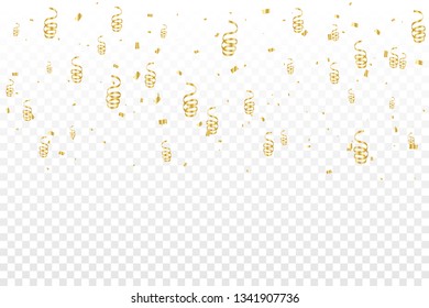 Golden Tiny Confetti And Streamer Ribbon Falling On Transparent Background. Vector