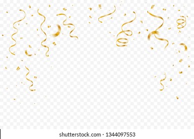 Golden Tiny Confetti And Streamer Ribbon Falling On Transparent Background. Vector