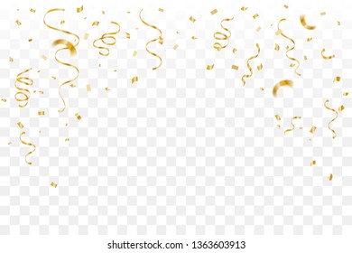 Golden Tiny Confetti And Streamer Ribbon Falling On Transparent Background. Vector