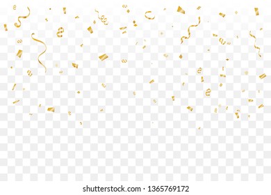Golden Tiny Confetti And Streamer Ribbon Falling On Transparent Background. Vector