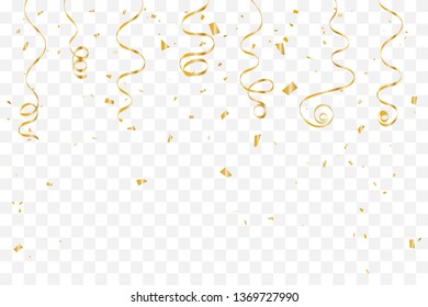 Golden Tiny Confetti And Streamer Ribbon Falling On Transparent Background. Vector