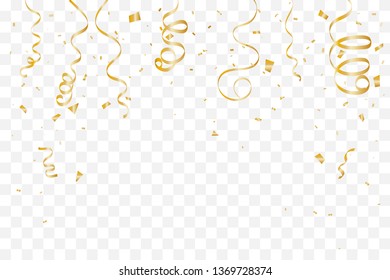 Golden Tiny Confetti And Streamer Ribbon Falling On Transparent Background. Vector