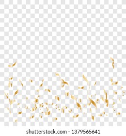 Golden tiny confetti and streamer ribbon falling on transparent background. Gold confetti celebration. Vector illustration 