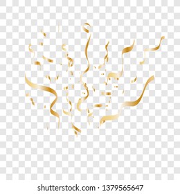 Golden tiny confetti and streamer ribbon falling on transparent background. Gold confetti celebration. Vector illustration 