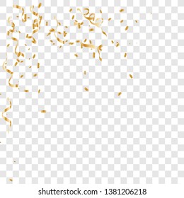 Golden tiny confetti and streamer ribbon falling on transparent background. Gold confetti celebration. Vector illustration EPS10