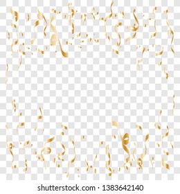 Golden tiny confetti and streamer ribbon falling on transparent background. Gold confetti celebration. Vector illustration 