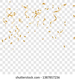 Golden tiny confetti and streamer ribbon falling on transparent background. Gold confetti celebration. Vector illustration EPS10