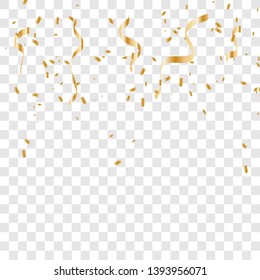 Golden tiny confetti and streamer ribbon falling on transparent background. Gold confetti celebration. Vector illustration EPS10
