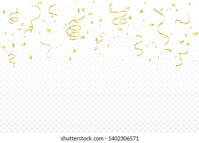 Golden Tiny Confetti And Streamer Ribbon Falling On Transparent Background. Vector