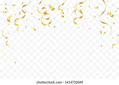 Golden Tiny Confetti And Streamer Ribbon Falling On Transparent Background. Vector
