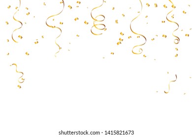 Golden Tiny Confetti And Streamer Ribbon Falling On White Background. Vector