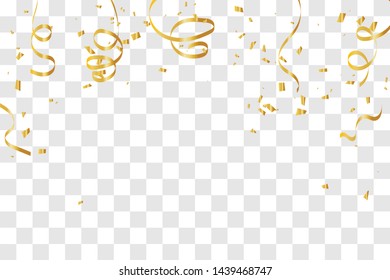 Golden Tiny Confetti And Streamer Ribbon Falling On Transpaarent Background. Vector