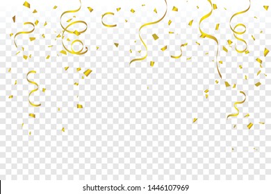 Golden Tiny Confetti And Streamer Ribbon Falling On Transparent Background. Vector