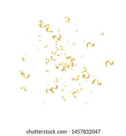 Golden Tiny Confetti And Streamer Ribbon Falling On White Background. Vector