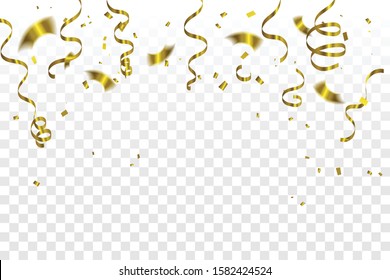 Golden Tiny Confetti And Streamer Ribbon Falling On Transparent Background. Vector