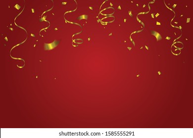 Golden Tiny Confetti And Streamer Ribbon Falling On Red Background. Chinese New Year. Vector