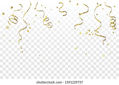 Golden Tiny Confetti And Streamer Ribbon Falling On Transparent Background. Vector