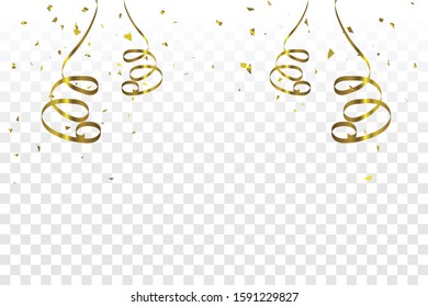 Golden Tiny Confetti And Streamer Ribbon Falling On Transparent Background. Vector