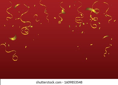 Golden Tiny Confetti And Streamer Ribbon Falling On Red Background. Chinese New Year. Vector