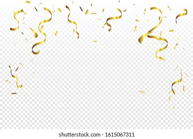 Golden Tiny Confetti And Streamer Ribbon Falling On Transparent Background. Vector