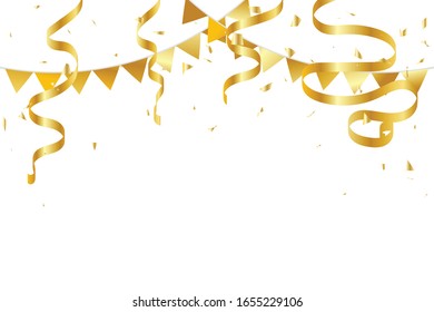 El Pequeño Confetti De Oro Y La Cinta De Rasgo Caen En Fondo Blanco. Vector