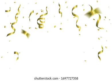 Golden Tiny Confetti And Streamer Ribbon Falling On White Background. Vector
