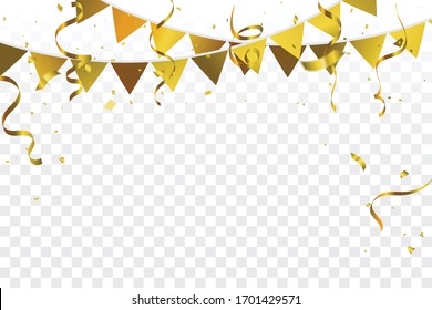 Golden Tiny Confetti And Streamer Ribbon Falling On Transparent Background. Vector