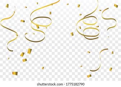 Golden Tiny Confetti And Streamer Ribbon Falling On Transparent Background. Grand Opening. Vector