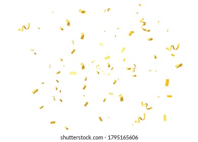 Golden Tiny Confetti And Streamer Ribbon Falling On White Background. Vector