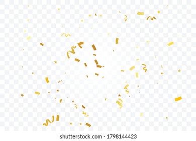 Golden Tiny Confetti And Streamer Ribbon Falling On Transparent Background. Vector