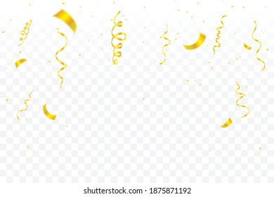 Golden Tiny Confetti And Streamer Ribbon Falling On Background. Vector