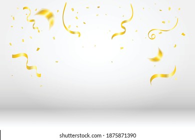 Golden Tiny Confetti und Streamer Band fällt auf Studio Hintergrund. Vektorgrafik