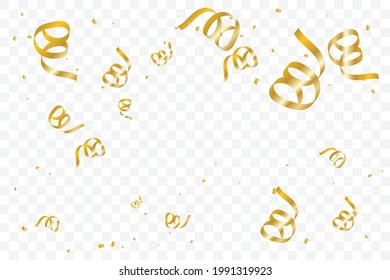 Golden Tiny Confetti And Streamer Ribbon Falling On Transparent Background. Vector