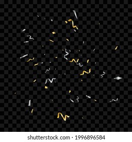 Golden Tiny Confetti And Streamer Ribbon Falling On Background. Vector