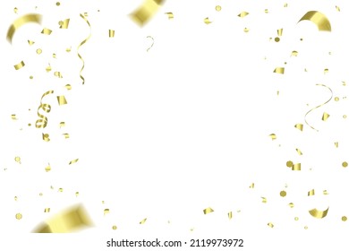 Golden Tiny Confetti And Streamer Ribbon Falling On White Background. Celebration Banner. Grand Opening. Vector Illustration