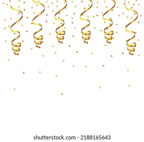 Golden Tiny Confetti And Streamer Ribbon Falling On Transparent Background. Vector eps 10