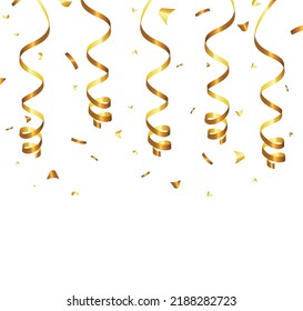 Golden Tiny Confetti And Streamer Ribbon Falling On Transparent Background. Vector eps 10