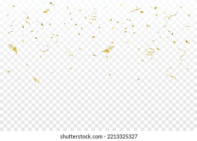 Golden Tiny Confetti And Streamer Ribbon Falling On Transparent Studio Background. Vector
