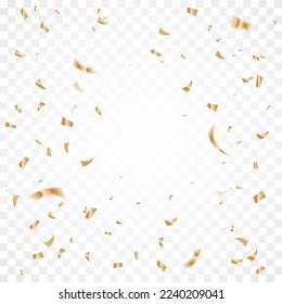 Golden Tiny Confetti And Streamer Ribbon Falling On Transparent Background. Vector