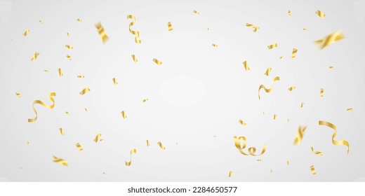 Golden Tiny Confetti And Streamer Ribbon Falling On White Background. Vector