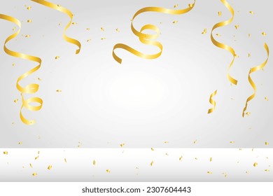 Golden Tiny Confetti und Streamer Band fällt auf weißem Hintergrund. Vektorgrafik