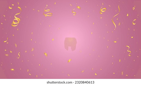 Golden Tiny Confetti And Streamer Ribbon Falling On Pink Background. Vector Illustration