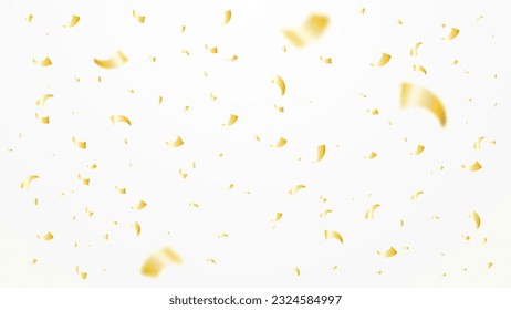 Golden Tiny Confetti And Streamer Ribbon Falling On White Background. Celebration Wallpaper. Cover. Banner. Vector Illustration