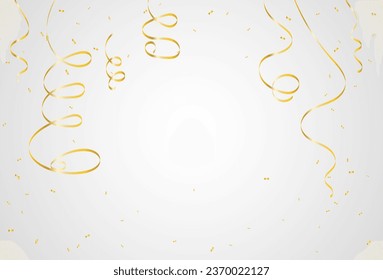 Golden Tiny Confetti And Streamer Ribbon Falling On White Background. Vector