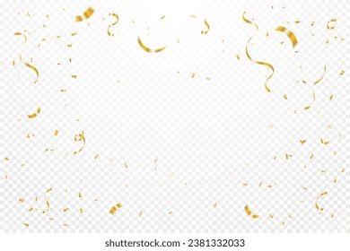 Golden Tiny Confetti And Streamer Ribbon Falling On Transparent Background. Vector
